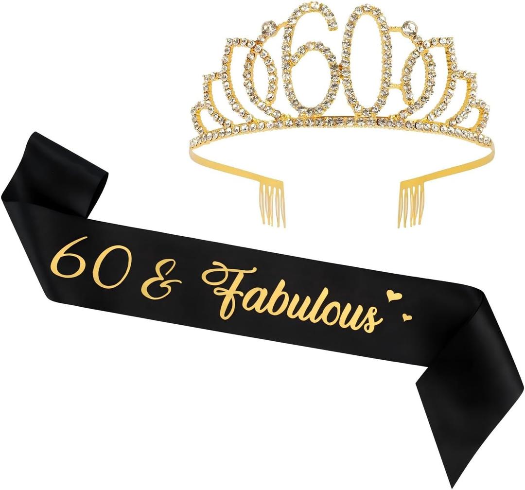 60th Birthday Crown and Sash for Women,60 Birthday Gifts for Women,60th Party Decorations for Woman,60 & Fabulous Decorations Party Favors