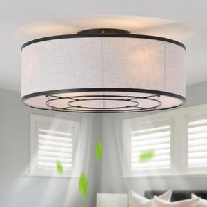 20" Black Low Profile Ceiling Fans with Lights, Boho Flush Mount Ceiling Fan with Light and Remote, Rattan with 6 Speeds for Bedroom, Nursery, Living Room, Small