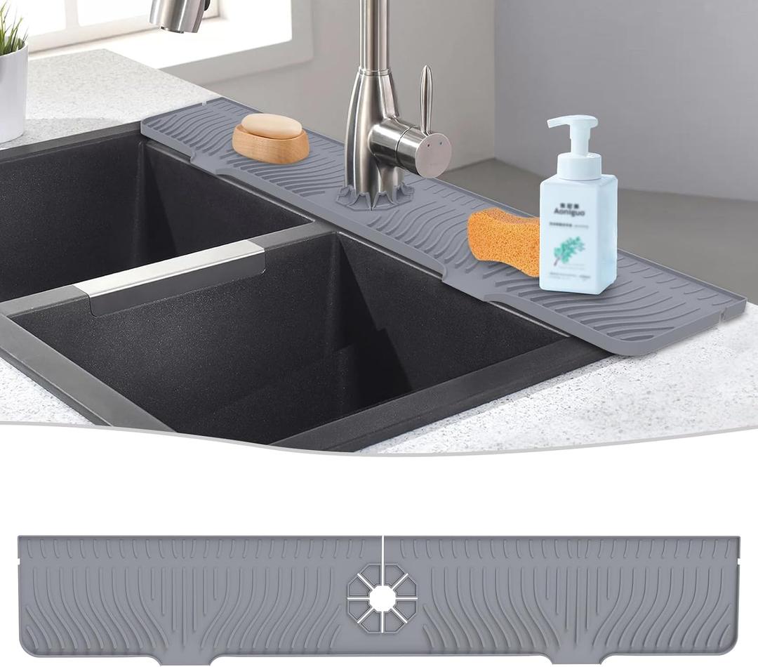 Derlights 33 inch Sink Splash Guard Mat, Silicone Faucet Handle Drip Catcher Tray, Longer Silicone Sink Mat for KitchenBathroom, Drip Protector Splash Countertop (Gray)