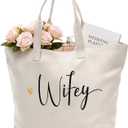 CARAKNOTS Wifey Bag Bride Gifts for Wedding Bridal Shower Honeymoon Anniversary Bachelorette Party Gifts for Bride to be Wife Canvas Beach Shoulder Tote Bag with Zip and Pocket