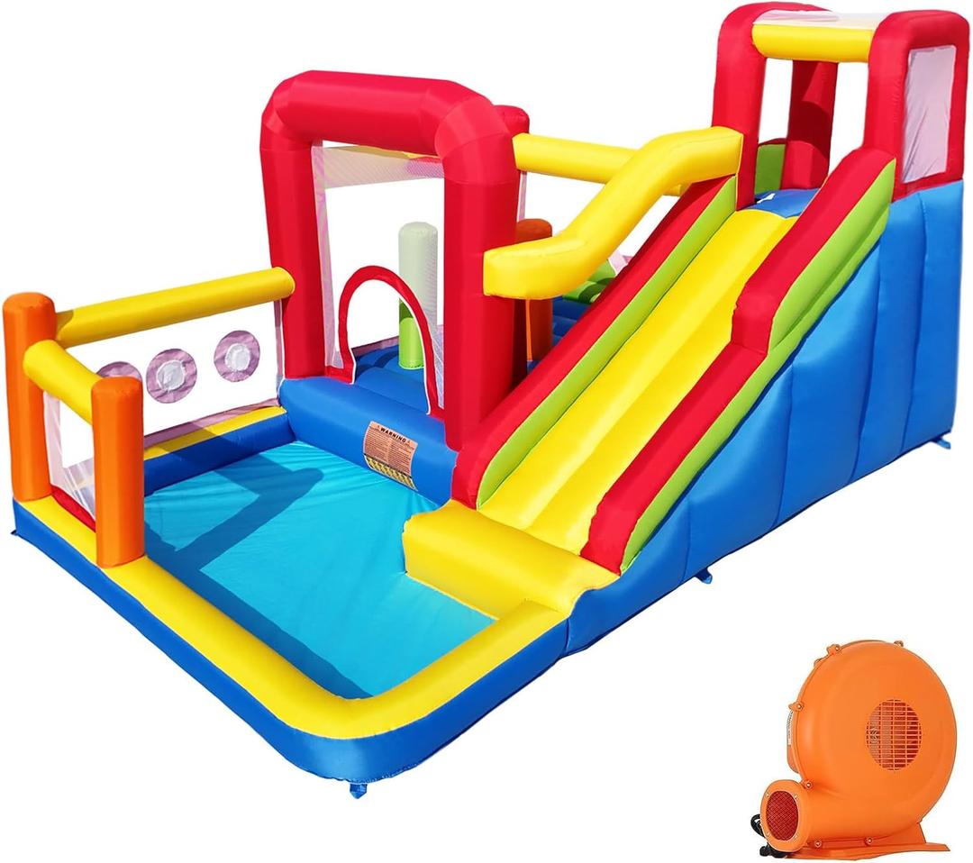 Bounce House, Inflatable Bounce Castle with Blower for Kids, Blow Up Jumping Bouncer with Slide, Climbing Wall, Obstacles, Trampoline, Ball Pit Pool for Indoor Outdoor