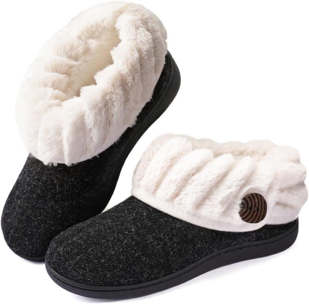 Wishcotton Women's Wool Cozy Memory Foam Winter Slippers Indoor Outdoor with Fuzzy Faux Fur Collar (8, Black)