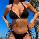 swimall Women's Bikini Set Sexy Triangle Halter Two Piece Swimsuit Double Straps String Tie Bathing Suit (Black, XL)