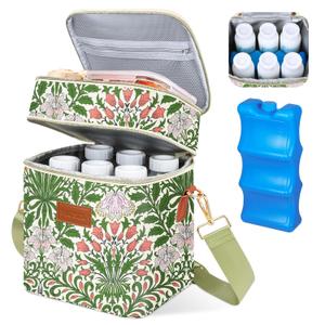 PIIOSER Breastmilk Cooler Bag with Ice Pack Fits 6 Baby Bottles Up to 9 Ounce, Insulated Baby Bottle Tote Bags, Double Layer Waterproof Leak-Proof with Shoulder Strap for Nursing &Working Mom (Floral)