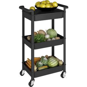3-Tier Utility Rolling Cart with Cover Top Board, Mobile Utility Cart with Lockable Casters Multi-Functional Storage Trolley for Office, Bathroom, Kitchen, Garden, Laundry Room (Black)