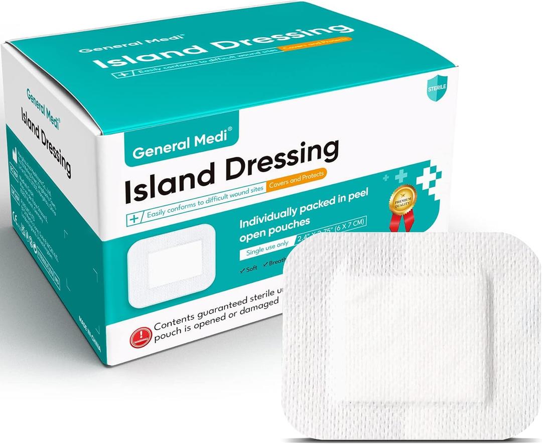 General Medi Sterile Island Dressing Bordered Gauze  100 Count, 2.4" x 2.75" Gauze Pads, Wound Care Pad with Adhesive Border - Sterile, Soft & Highly Absorbent Medical Grade Dressing Pad