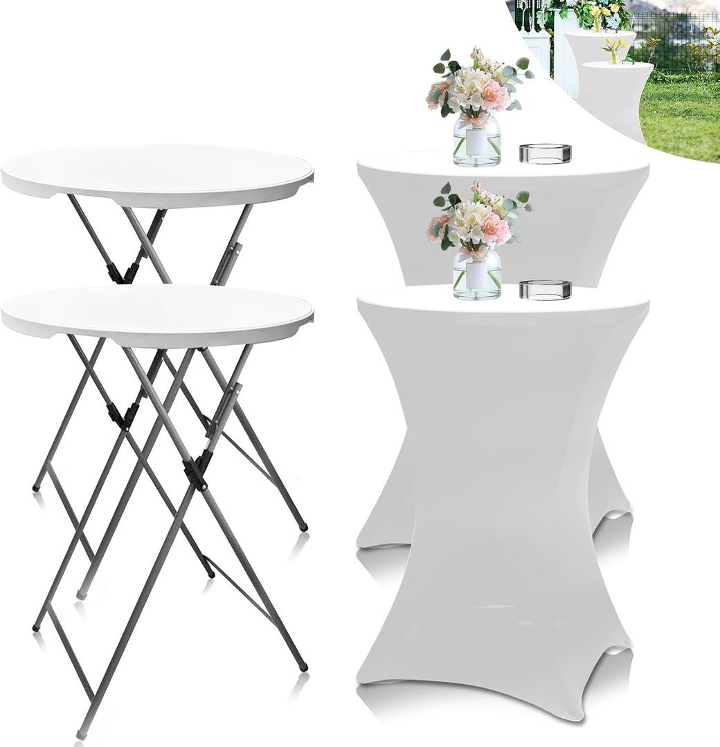 2Sets 32in Hightop Folding Cocktail Tables+Covers, White-Spandex Stretch Folding Bar Table Covers, Removable Legs Bar Height Folding Table Outdoor Indoor Use (2+2White/2Covers+2Tables), 32" X 43.51" X 32"