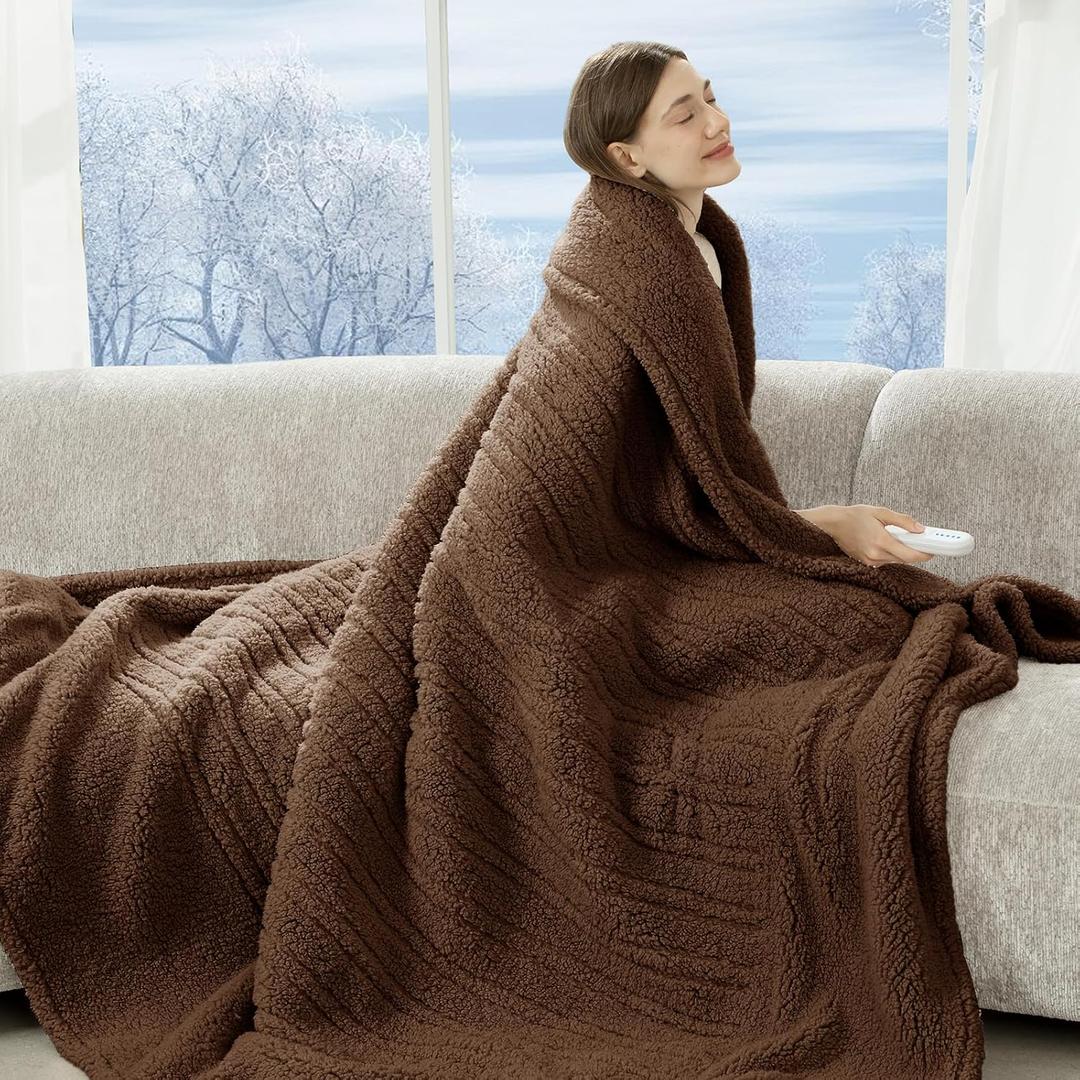 Electric Blanket Twin 62"X84"- Soft Double Sided Sherpa Heated Blanket Twin with 5 Heatings Levels & 10 hrs Auto Shut Off, Fast Heating & ETL Certified, Gift for Women(Brown)