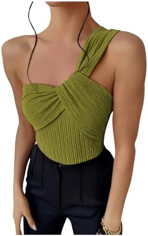 OYOANGLE Women's Textured One Shoulder Going Out Bodysuit Tops Twist Front Ruched Sleeveless Tank Top Body Suits, XS