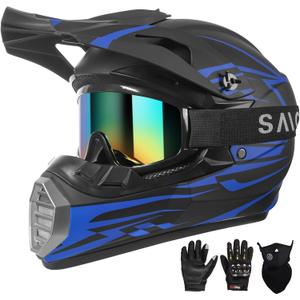 DOT Approved Youth Kids Motocross Helmet - Ultra-Lightweight Full Face Dirt Bike/ATV Helmet with Goggles, Gloves & Face Shield (4-Piece Set)