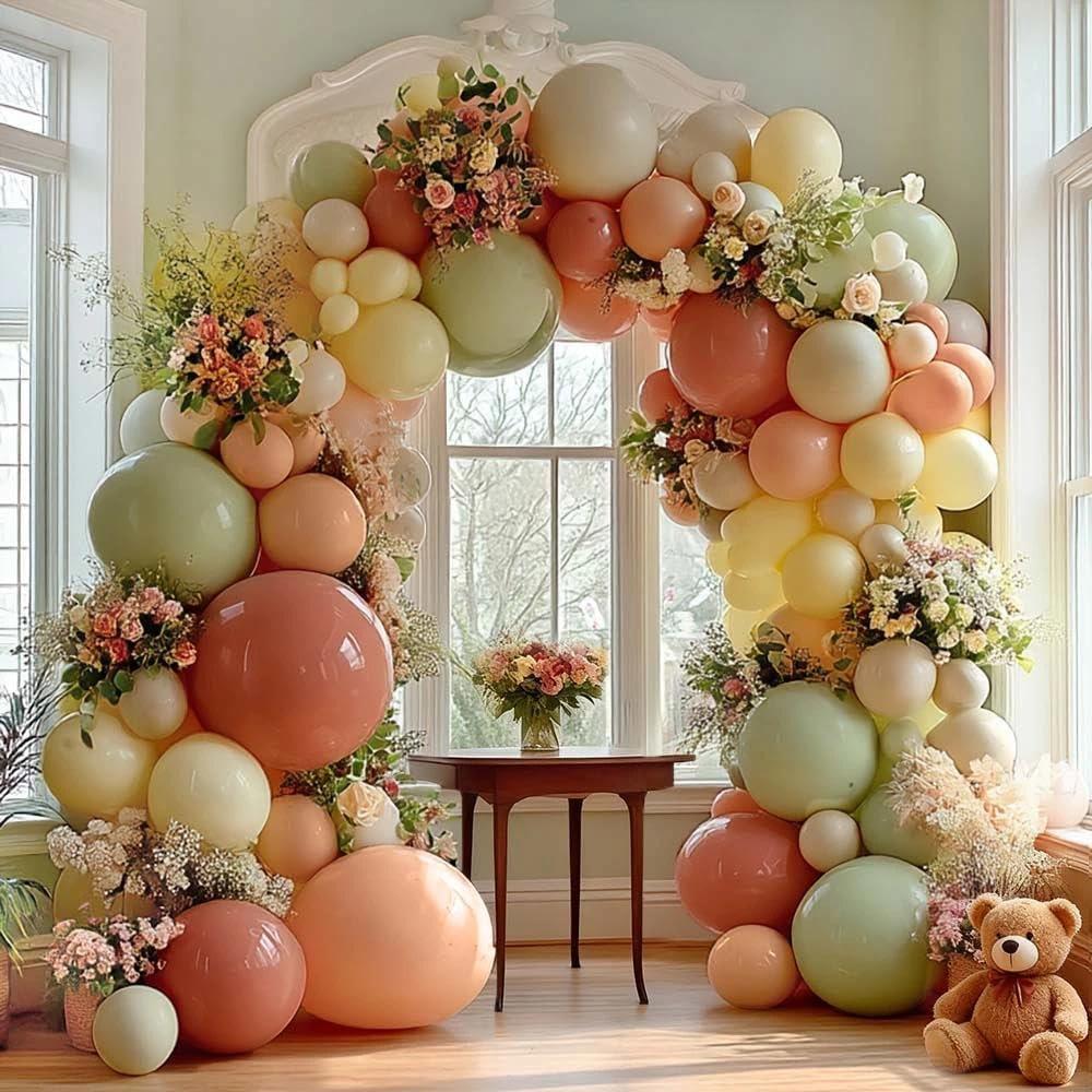 Dusty Pink Yellow Green Balloon Arch, Double Stuffed Sage Light Yellow Peach White Sand Mauve Pastel Balloon Garland Kit for Baby Shower Birthday Bridal Wedding Floral Valentines Party Decoration, 12 Inches, 18 Inches