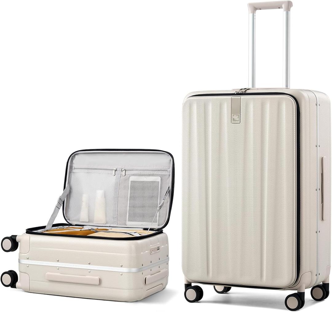 Hanke 26 Inch Large Luggage Suitcase Top Opening Aluminum Frame Travel Luggage Hard Shell Suitcases with Wheels for Woman Men.(Ivory white)