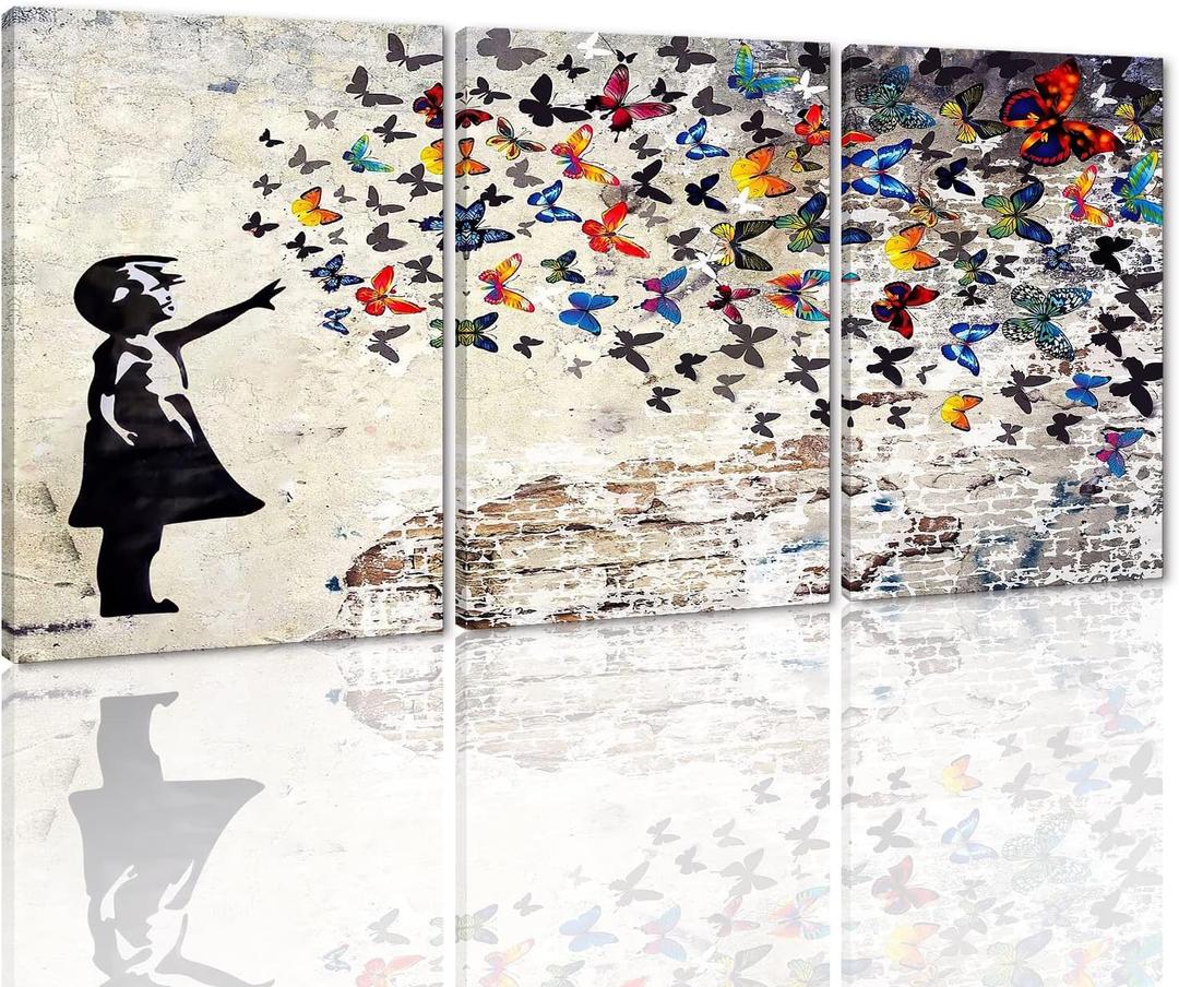 Colorful Graffiti Wall Art Funny Butterfly Paintings Banksy Street Art Mural Pop Art Home Office Wall Decor Framed Canvas Wall Decor for Living Room Ready to Hang - 24x36inchx3Pcs