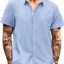 HUNGSON Men's Button Down Shirts Short Sleeve Casual Shirts Summer Beach with Pocket, Size: XL