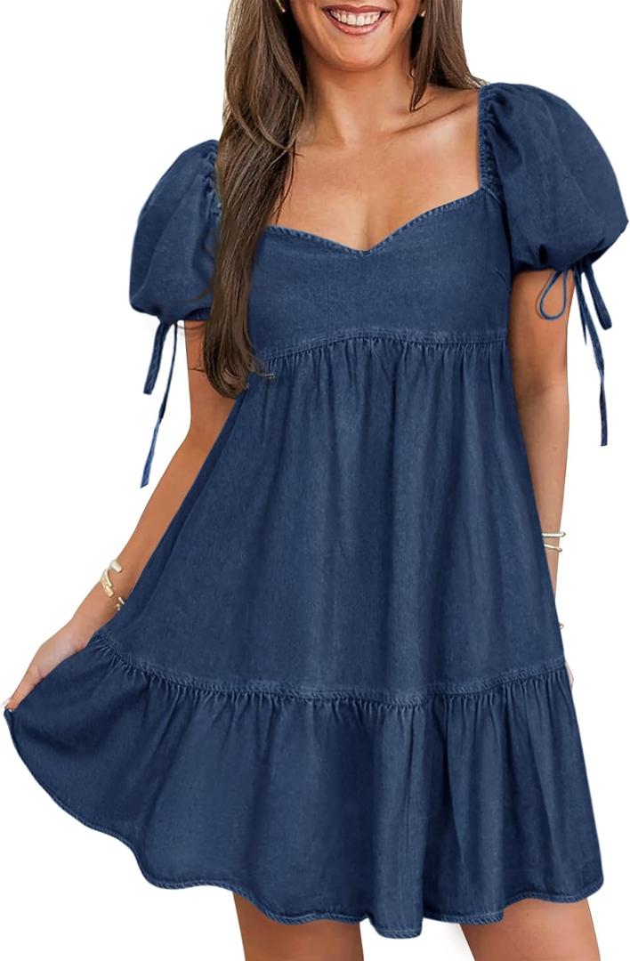 POTILI Denim Dress for Women Puff Short Sleeve Jean Dresses Sweetheart Neck Denim Mini Dress (Blue, M)