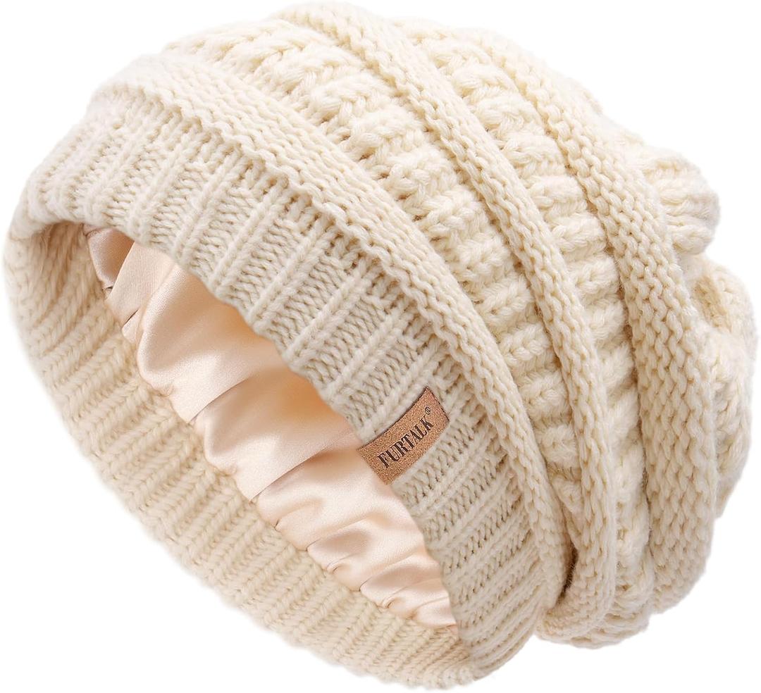 FURTALK Winter Beanie Hat for Women Satin Lined Cable Knit Chunky Slouchy Beanies Skull Warm Cap (One Size, Beige)