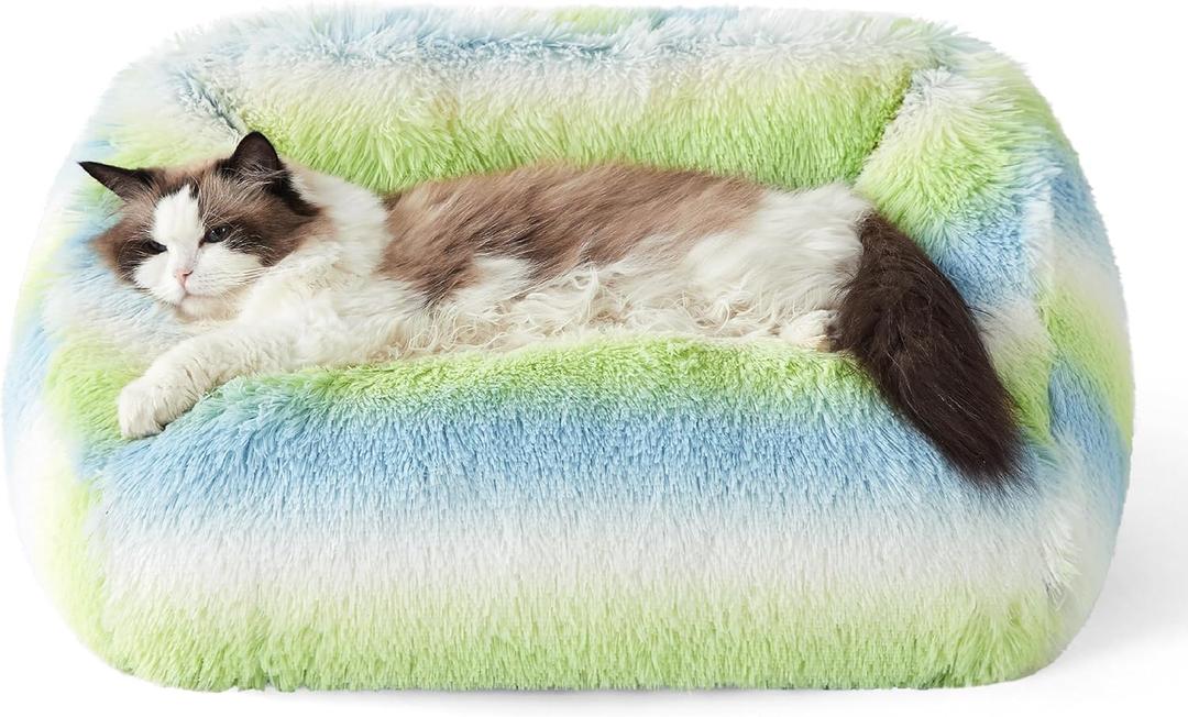 Lesure Cute Cat Bed Indoor - Furry Cat Bed Large, Washable Calming Small Dog Beds for Puppy with Fashion Design, 26x21x9inches, Green Stripe (Medium)