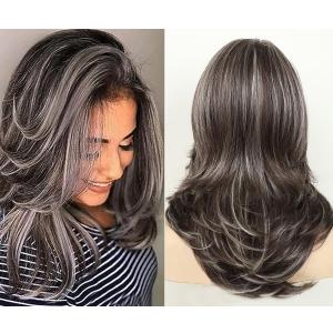 XIUFAXIRUSI XIUFAXIRUSI Long Layered Wavy Wigs for Women Synthetic Natural Hair Wig Dark Brown Mix Grey Highlights Wavy Hair Wigs Heat Resistant Synthetic Halloween Costume Wig,Dark Brown Mix Grey