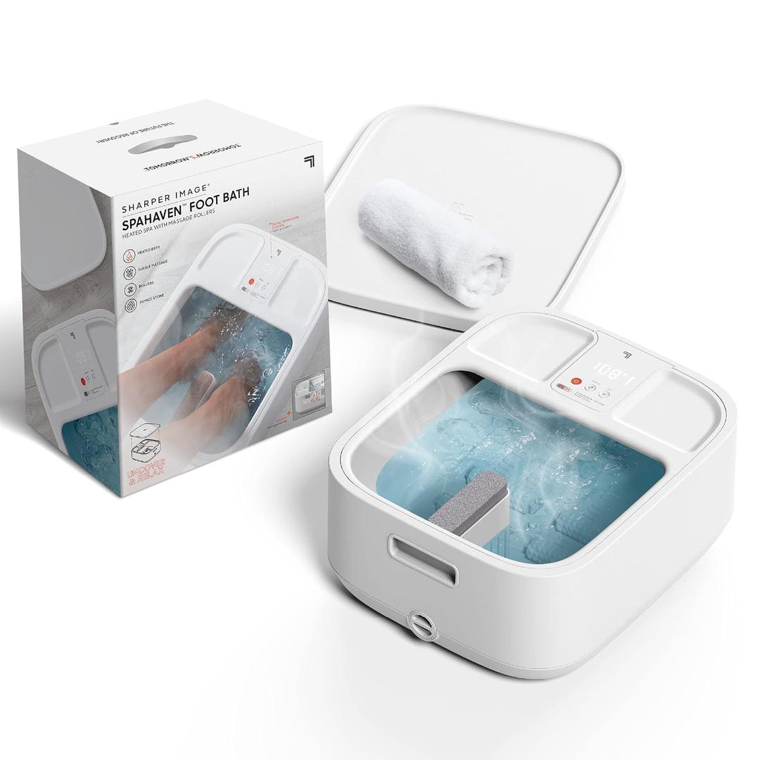Sharper Image Spahaven Heated Foot Bath Bubble Jets, Massage Rollers, 105F, Pumice Stone Callus Remover| XL Foot Soaking Tub| Feet Scrubber| Home Pedicure Foot Spa| Womens Relief & Relaxation Gift