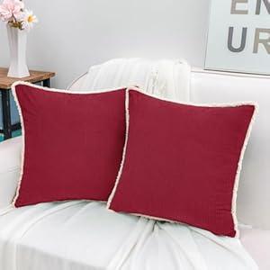 HWY 50 Red Chenille Throw Pillow Covers 16x16 Inch with Tassels Fringe, Pack of 2, Soft Boho Farmhouse Cushion Cases for Couch Sofa Bed Living Room