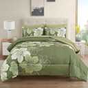Luxudecor Floral Comforter Set Queen Size, 7 Pieces Bed in a Bag Olive Green Floral Comforter and Sheet Set, Soft Microfiber Green Complete Bedding Sets for All Seasons