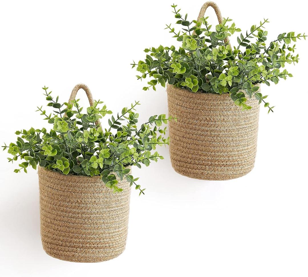Dahey 2 Pack Wall Hanging Rope Basket with Artificial Eucalyptus Farmhouse Decor, Jute Woven Storage Organizer Flower Plants Basket Set Rustic Wall Decor for Porch Living Room Bedroom Entryway,Brown (6.5"W6.7"H)