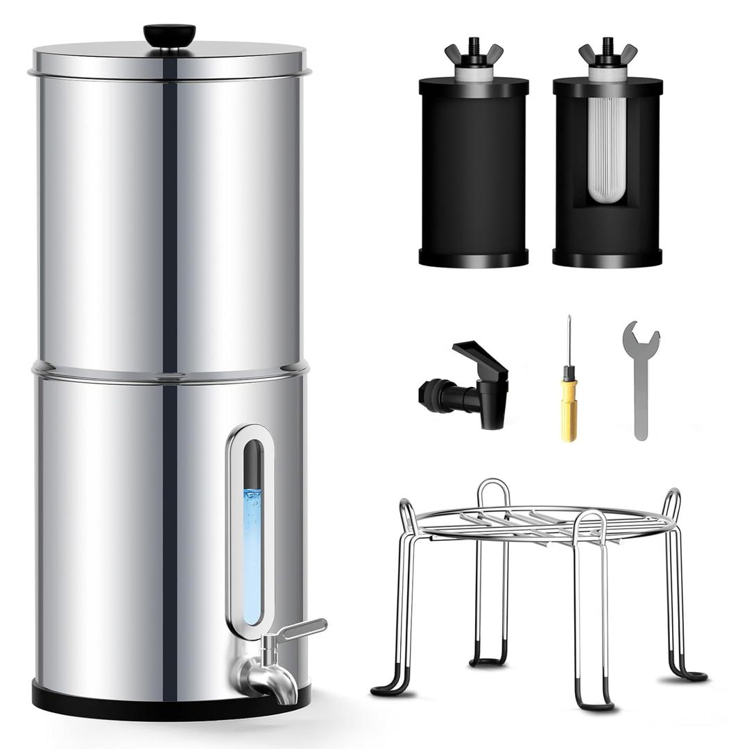 2.25G Gravity Water Filtration System - Water Level Window, NSF/ANSI 42&372 Certification,18/8 Stainless Steel Countertop Water Filter System - Reduce Up to 99.9% Chlorine, for Home, RVing (Silver)