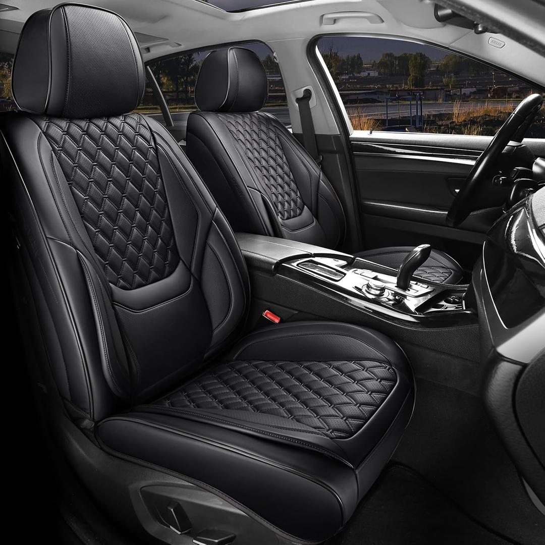 Car Seat Covers Front Seats, Luxury Faux Leather Car Seat Covers Waterproof Non-Slip Seat Protector Universal Fit for Most Cars SUVs Trucks Pick-ups, Black Car Accessories Interior