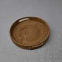 Whalehub Round Rattan Serving Tray with Handles,1 Hand Woven Basket, Home Decor Organizer Tray for Breakfast, Tea, Snack, Fruit, Coffee, Storage (Large + Medium)(14.17inchX2.3inch+11.9inchX1.7inch