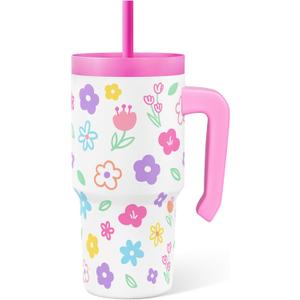 SANDJEST Floral Tumbler 20oz with Handle and Silicone Straw Lid for Kid, Insulated Stainless Steel Cup, Gift for Kids Girls, Gifts Idea for Birthday Christmas Back to School