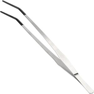 Reptile Feeding Tongs, Stainless Steel Lizard Feeding Tongs, Aquarium Curved Feeding Tweezers for Reptiles with Rubber Tip, Terrarium Feeding Tongs 14.96" L, Black Silver Tone