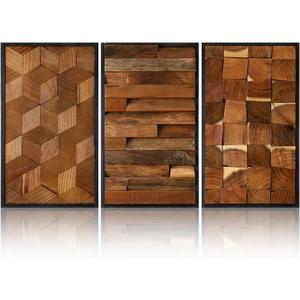 Glenmal 3 Pcs Wood Wall Art Decor 14 x 7 Inch Textured Wooden Wall Art Aesthetic Rustic Cubic Hanging Decor Framed Decorative Farmhouse Bedroom Boho Modern Home Decorations for Living Room