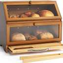 MAISONPEX Double Layer Bamboo Bread Box for Kitchen Countertop, Large Capacity, Cutting Board, Stainless Steel Bread Knife, Double Layer Storage Container with Clear Windows, Walnut