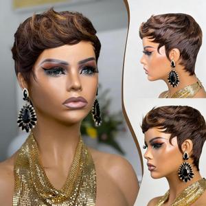 Pixie Cut Human Hair Wig for Women Short Wig for Women Chocolate 4/33 Color Short Layered Pixie Wig With Bangs Glueless Full Machine Made Brazilian Virgin Human Hair Wig (4/33)