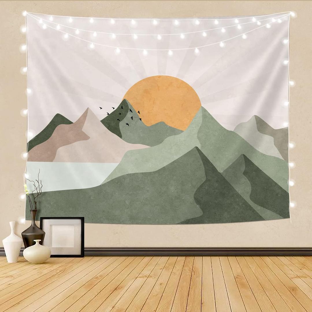 SUOTEMEIFEI Sage Green Mountain Sun Boho Tapestry,Simple Art Sunrise Nature Tapestry Sunset Landscape Abstract Aesthetic Wall Bedroom Living Room Decor College Dorm Wall Hanging (60"L x 50"W)