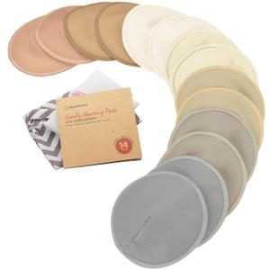 Organic Nursing Pads - 14 Washable Breast Pads for Breastfeeding, Wash Bag, Viscose Derived from Bamboo Reusable Nipple Covers for Breastfeeding Essentials, Soft & Absorbent (Earth, L 4.8")