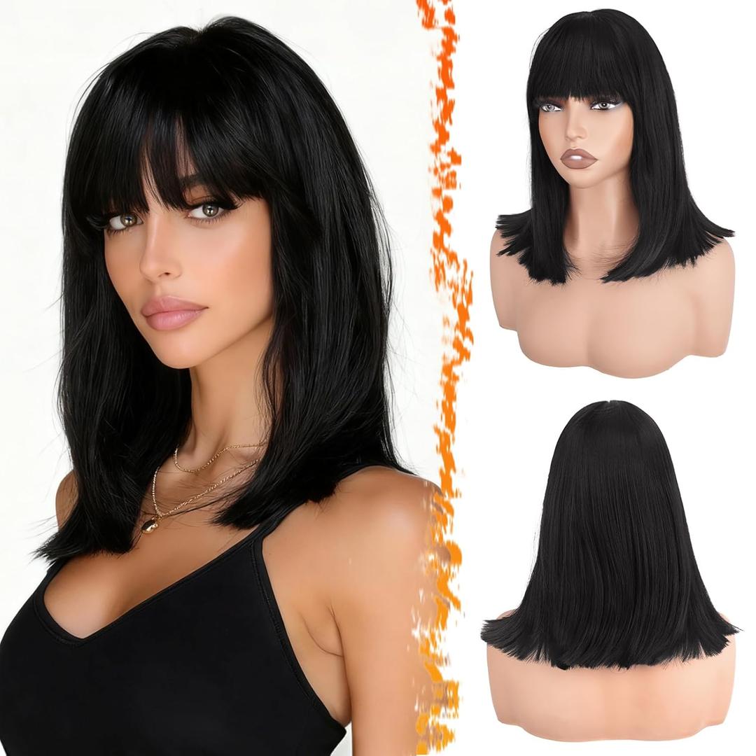 BARSDAR Short Black Bob Wig With Bangs - Black Bob Wig With Bangs for Women - 14 Inch Natural Looking Thick Soft Synthetic Hair Replacement Wigs Daily Party Halloween Retro Costume Wigs