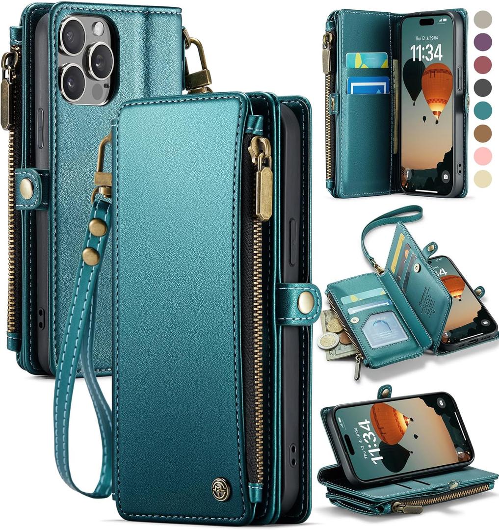 Defencase Compatible with iPhone 15 Pro Case Wallet with RFID Blocking Card Holder for Women Men, PU Leather Magnetic Snap Flip Zipper Strap Wallet Phone Case Fit for iPhone 15 Pro 6.1", Blue Green