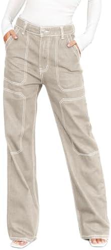Dokotoo Women's Casual Mid Waist Cargo Jeans Stretch Wide Leg Denim Pants with Pockets, Size S/M