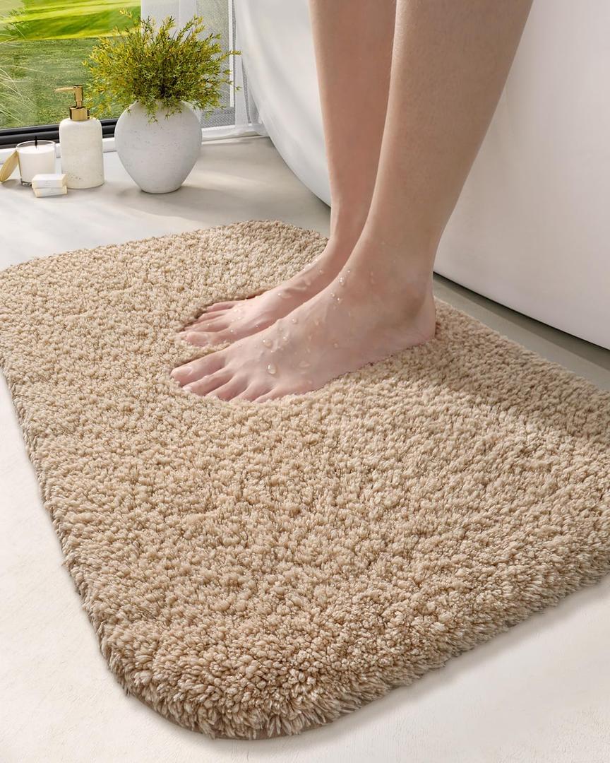DEXI Bathroom Rug Mat 43x24, Extra Soft and Absorbent Bath Rugs, Washable Non-Slip Thick Carpet Mat for Shower Floor, Tub, Beige