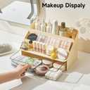 3-Tier Display Riser with Large Detachable Drawer, Plastic Storage Shelf, Perfume and Cologne Organizer Stand, Makeup Organizer for Vanity, Bathroom, Office, Cream White