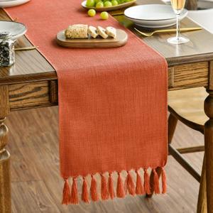 Artoid Mode Terracotta Orange Tassel Table Runner, Fall Linen Blend Rustic Farmhouse Style Kitchen Table Decoration Holiday Wedding Party Dinning Decor 13x90 Inch
