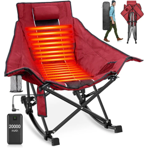 Suteck Heated Rocking Camping Chair, XL Oversized Rocking Chair Outdoor with 3 Heat Levels for Back and Seat, Heated Chairs Outdoor Sports W/20,000mAh Power Bank for Patio Lawn Picnic Travel