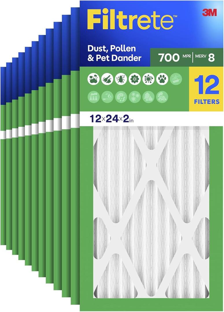 Filtrete 12x24x2 Air Filter, MERV 8, MPR 700, Dust, Pollen & Pet Dander, 3-Month AC and Furnace Filters, Cleaner Air, Reliable Airflow, 12 HVAC Filters (Actual Size 11.38 x 23.38 x 1.75 in)