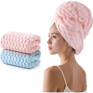 REDKISS 2 Pack Microfiber Hair Towels - Extra Large Hair Towel Wrap for Women, 24x42 inch Pink Hair Towels with Elastic Strap, Super Soft Blue Hair Drying Towels Curly Anti Frizz Turbans