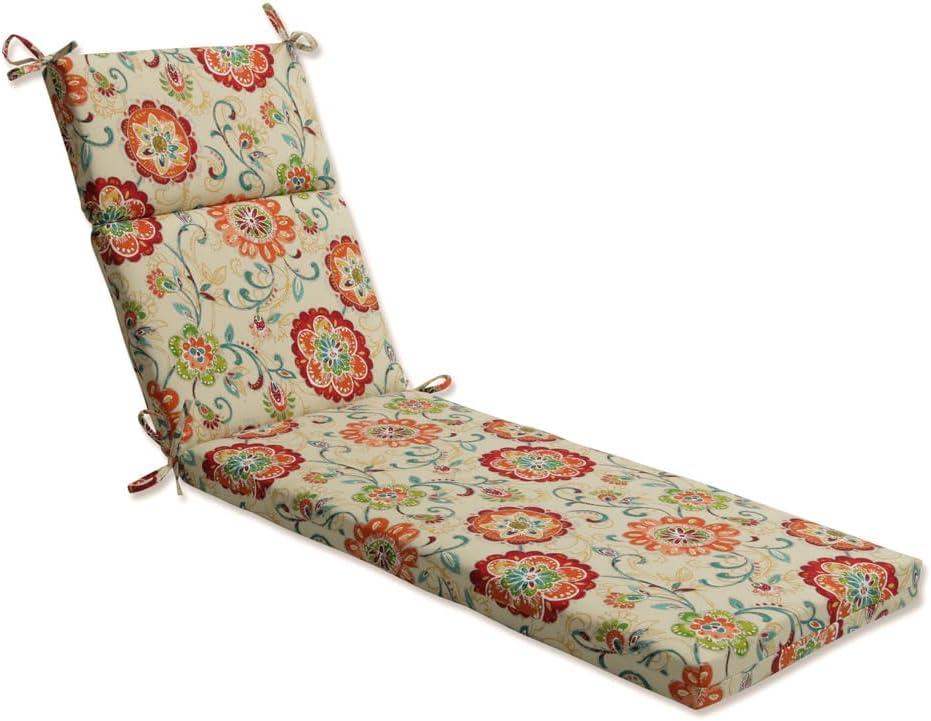Pillow Perfect Bright Floral Indoor/Outdoor Split Back Chaise Lounge Cushion with Ties Plush Fiber Fill, Weather, and Fade Resistant, 72.5" x 21", Tan Fanfare