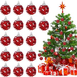 Liliful 48 Pcs 1.18 Inch Mini Christmas Ball Ornaments Christmas Tree Ornament Glitter Sequin Foam Ball Ornaments Xmas Hanging Decoration for New Year Holiday Wedding(Red)