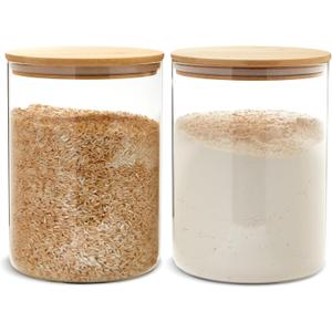 Juvale 2 Pack Large Bamboo Glass Storage Containers with Lids, 100 oz - Glass Jars, Food Canister Set, Sugar Container & Spice Jars - Pantry Food Storage