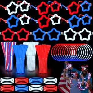 4th of July Glow Sticks Bracelets Necklaces with Connectors, 6 Red White Blue Glasses Glow in The Dark Party Supplies, Light Up Party Favors for Kids Adults, 250th Anniversary USA Accessories