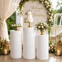3Pcs White Cylinder Pedestal Stands, Stable Round Display Plinth Pillars with Weighted Water Bag & Spandex Covers, PVC Cake Stand for Wedding Party, 35.5/29.5/23.5 Inches